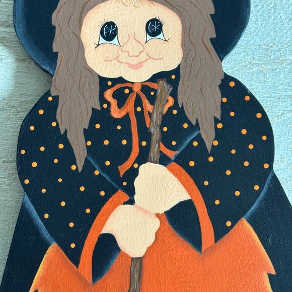 Vintage Hand Painted Folk Art Witch Door Hanger - 90s Halloween Decor - Picture 3 of 10